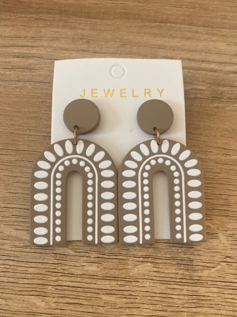 Boho-Inspired Polymer Arch Drop Earrings Beige With White Dot Pattern 2.5"